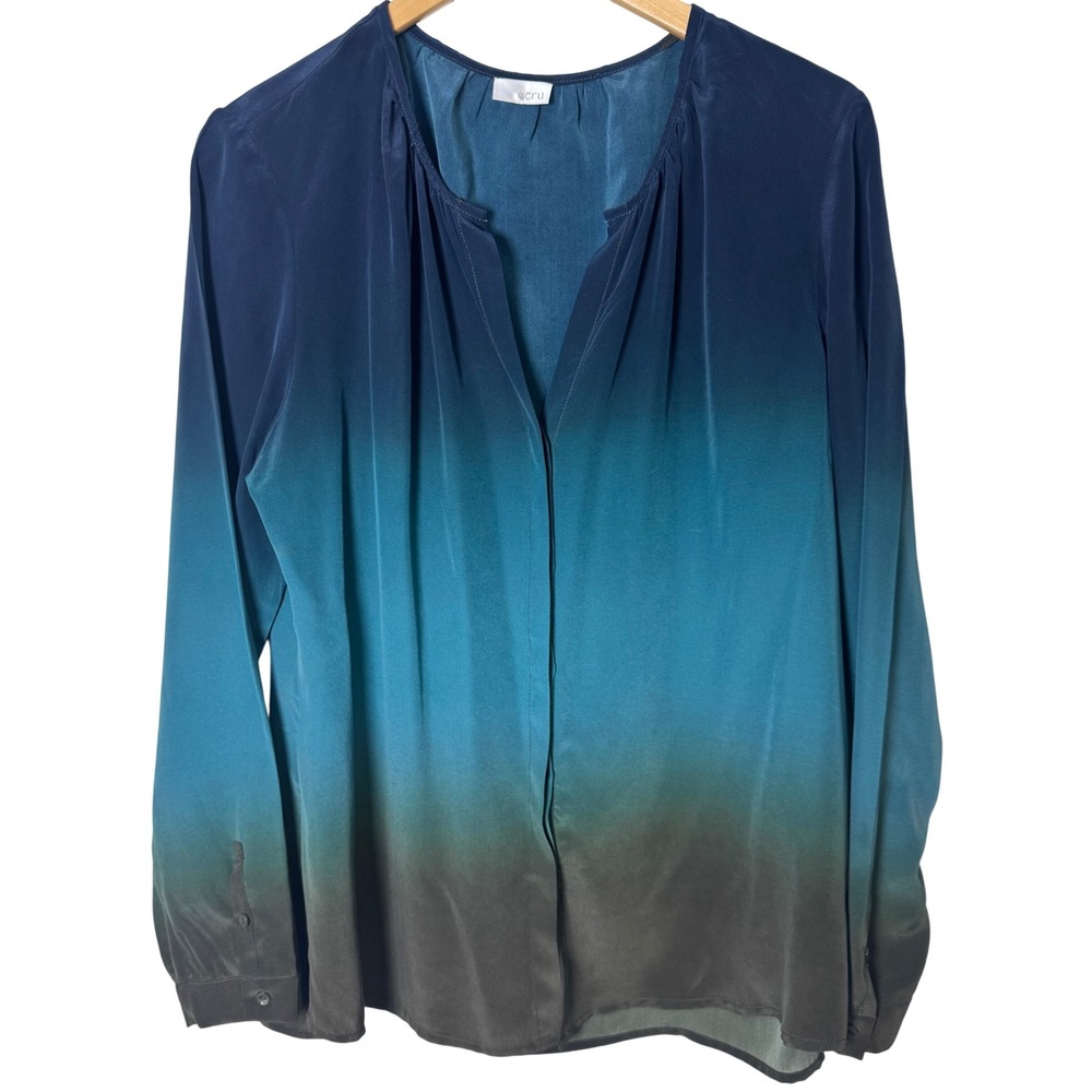 Ecru 100% Silk Top Large Ombre Gradient Blouse Teal Green Long Sleeve Buttondown